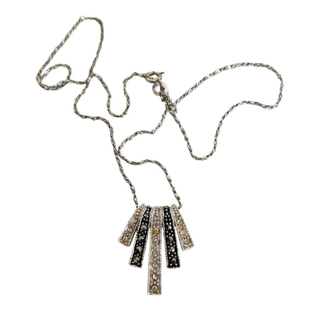Vintage Sterling Marcasite & Pave CZ Fan Design Striped Pendant Necklace 16"